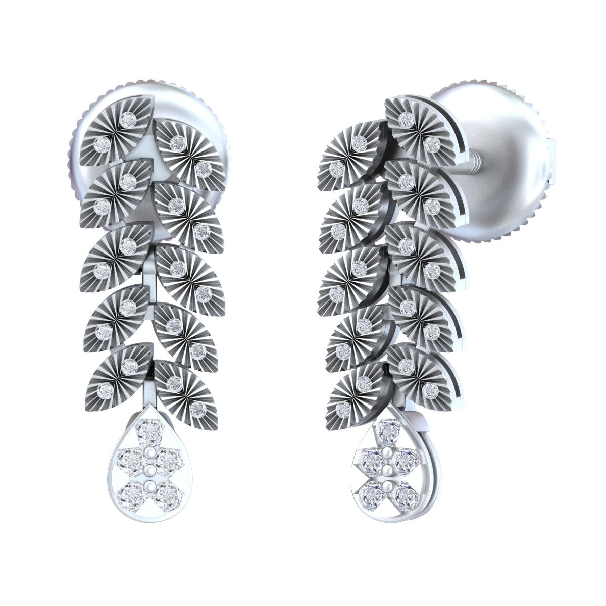 White gold earrings with leaf-like design and embedded diamonds on a white background

