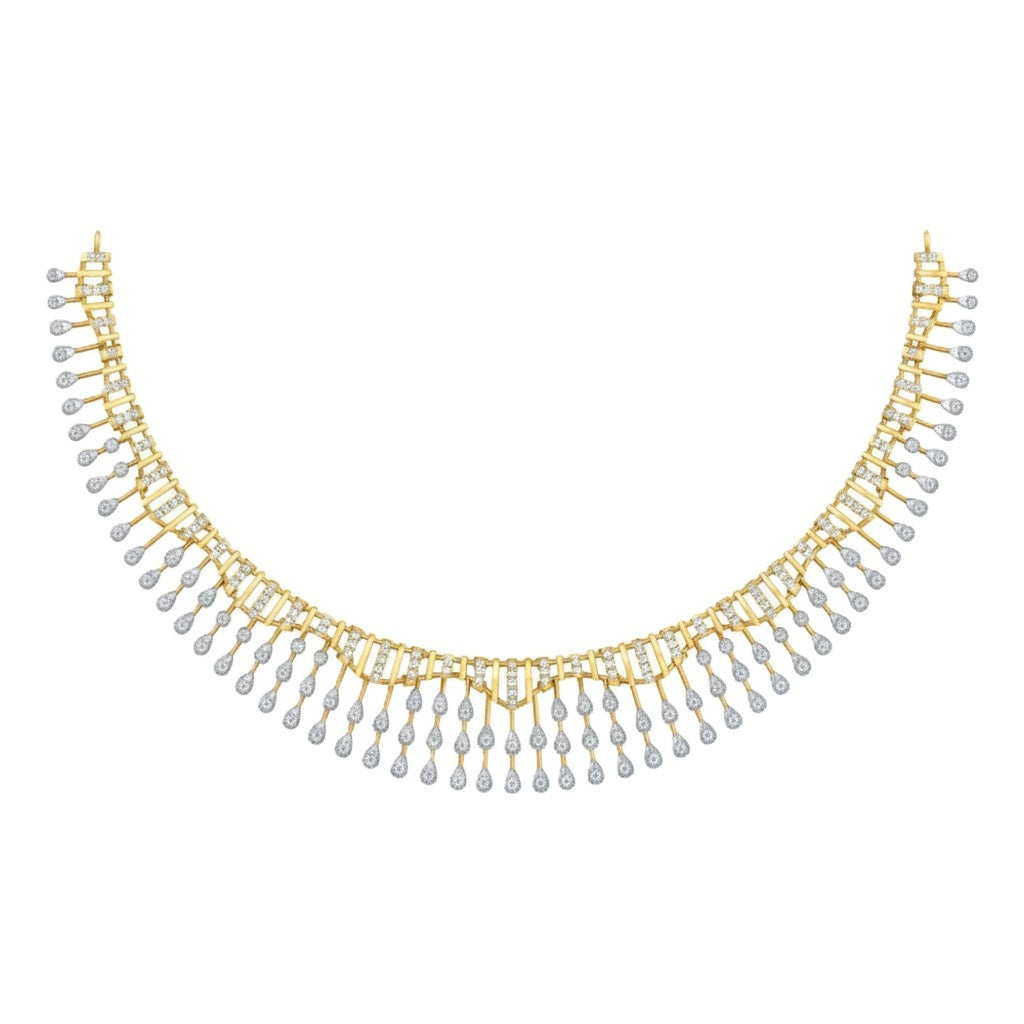 Yellow gold and diamond statement necklace with multiple rows of dangling teardrop, displayed on a clean white background.