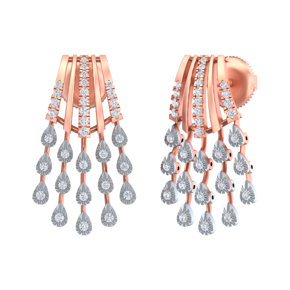 A pair of rose gold earrings with multiple teardrop-shaped diamond earring.
