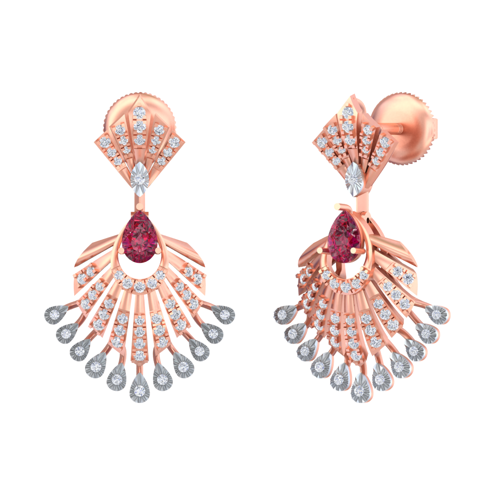 A pair of rose gold and diamond earrings with a floral design and a central ruby gemstone.