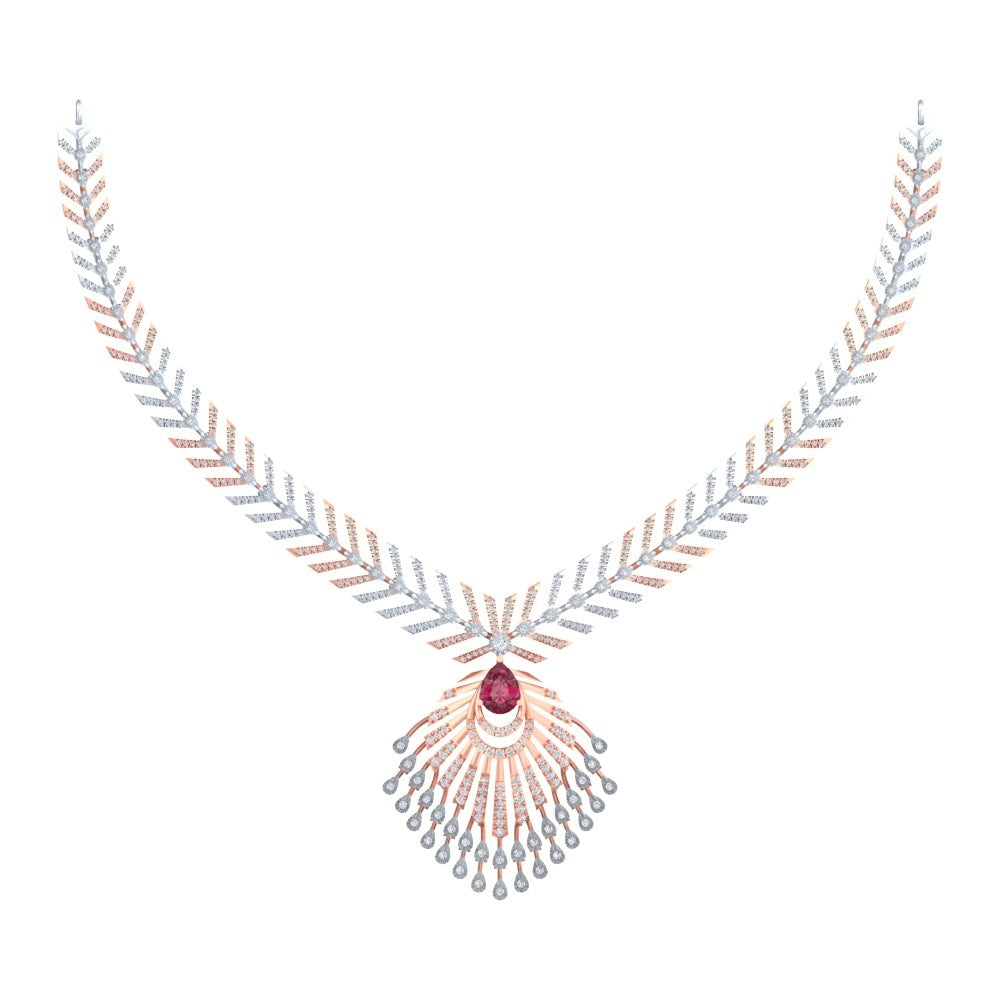 A luxury V-neck rose gold and diamond necklace featuring a central oval ruby gemstone 