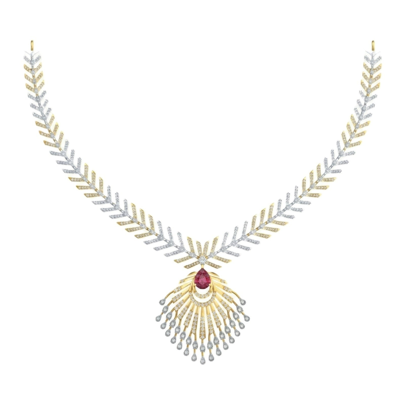 A yellow gold and diamond necklace with a central gold V-shape, a red teardrop ruby gemstone on a plain white background.