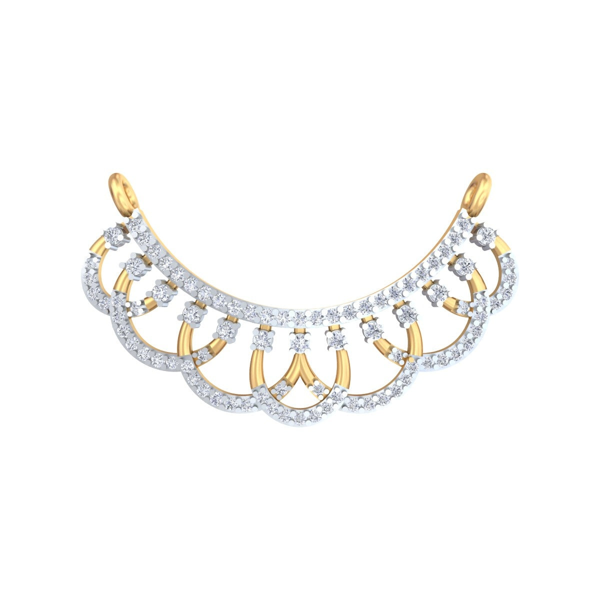 yellow gold and diamond mangasutra crescent-shaped diamond with pavé-set clear stones, shown on a plain white background.