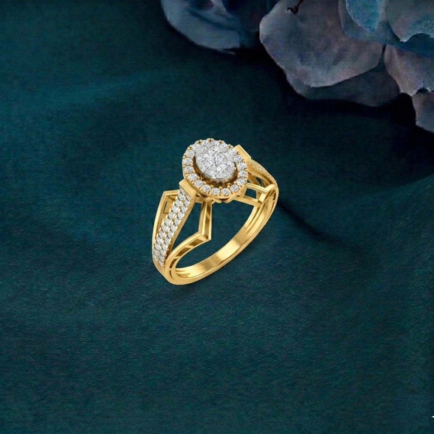 Gold ring with diamonds on a dark green background.