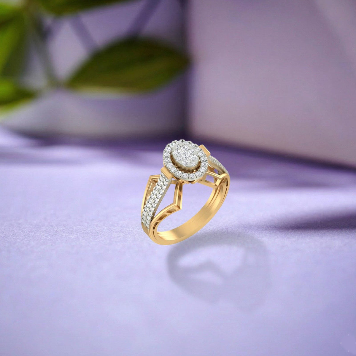 Gold ring with diamonds on a purple background.