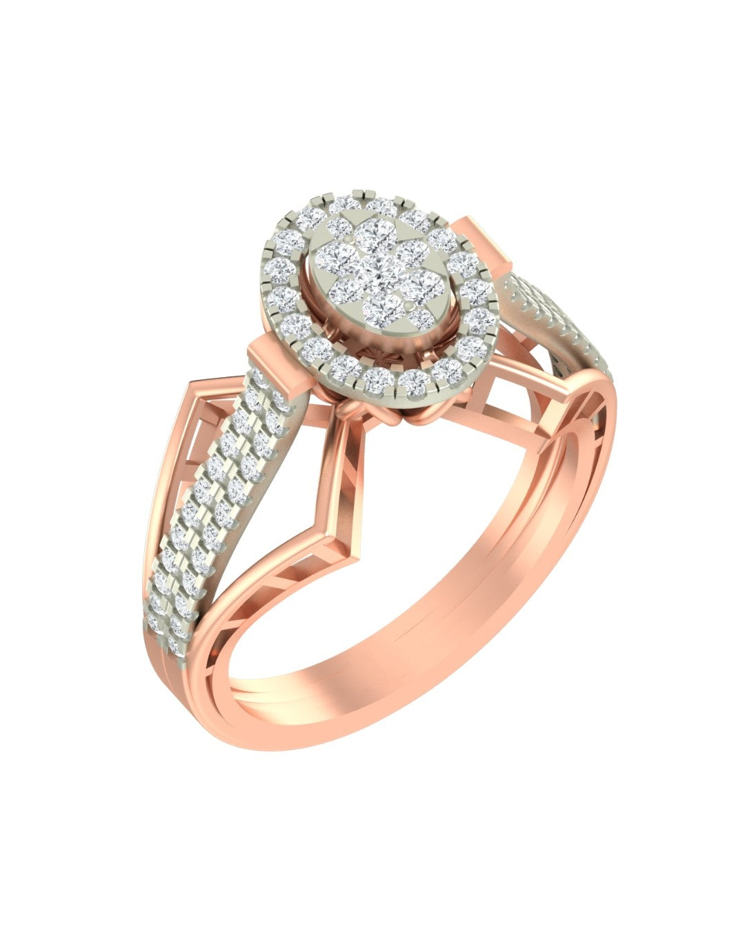 Rose halo gold ring with diamond accents on a white background.