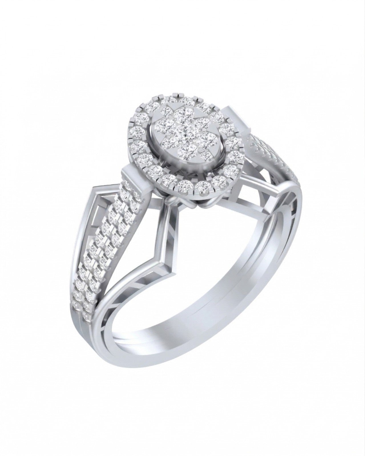 White halo gold ring with diamond accents on a white background.