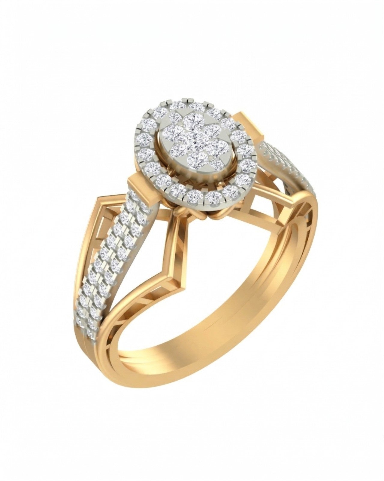 Yellow halo gold ring with diamond accents on a white background.
