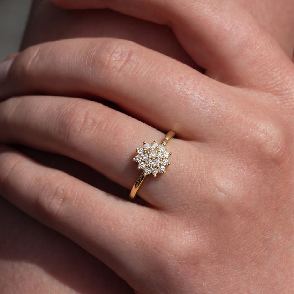 Gold ring with a diamond cluster on a person's finger