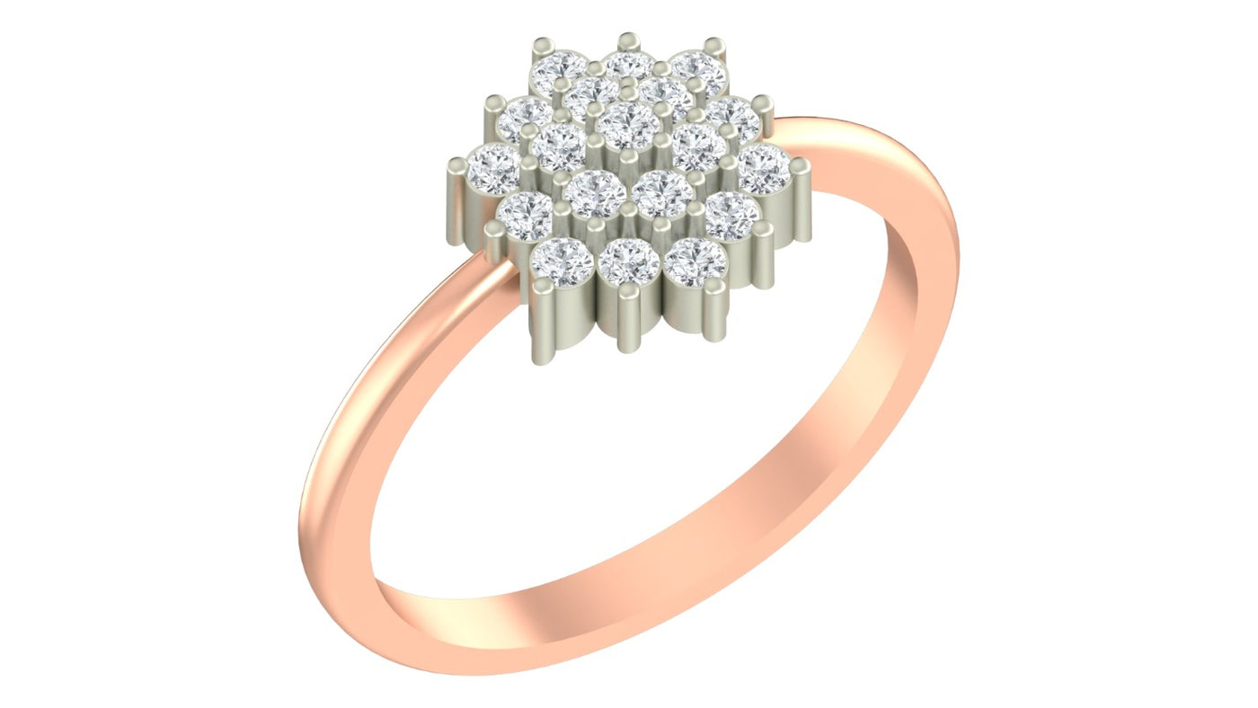 A rose gold ring with a cluster diamond setting, shown on a plain white background.