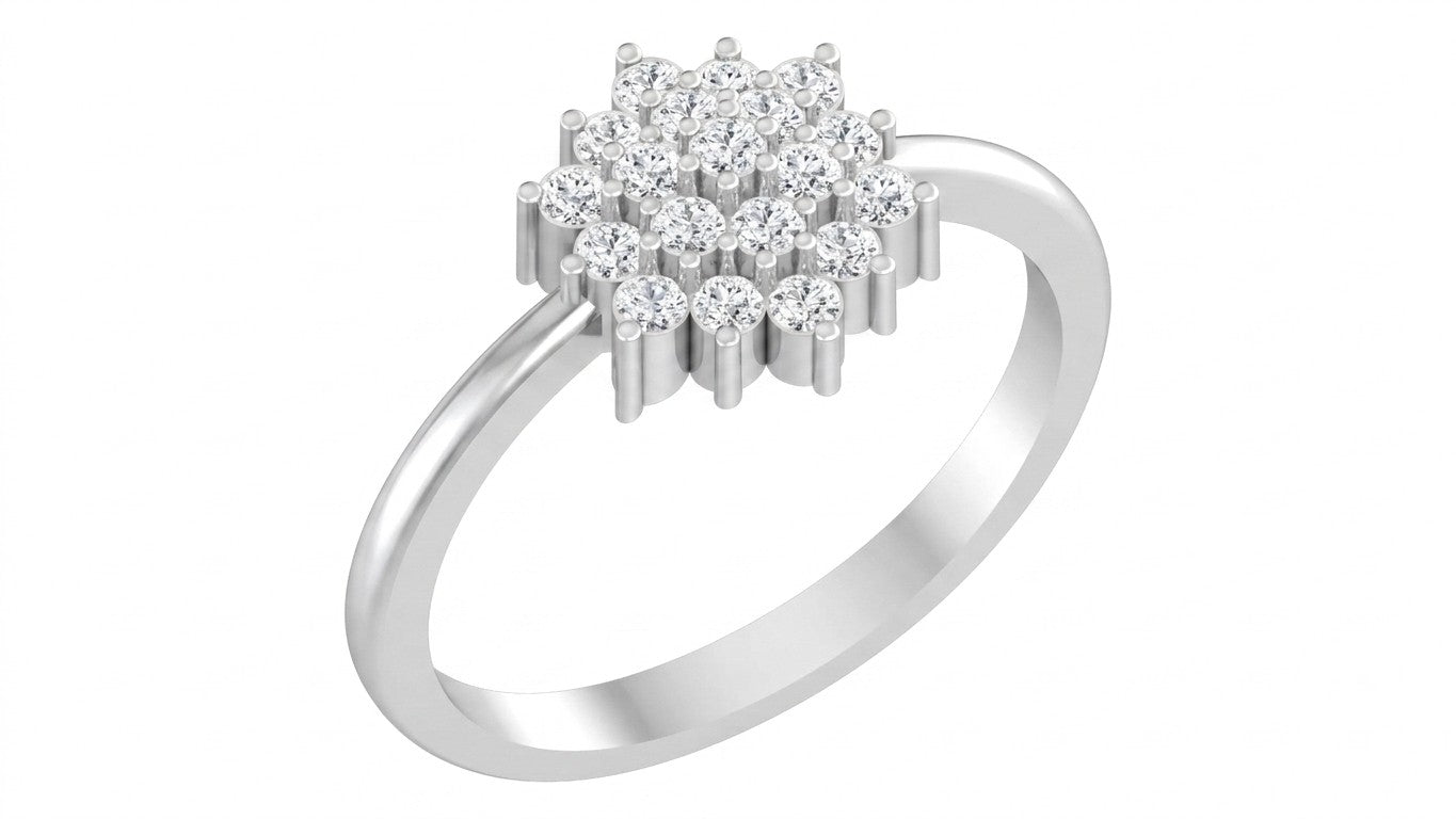 A white gold ring with a cluster diamond setting, shown on a plain white background.