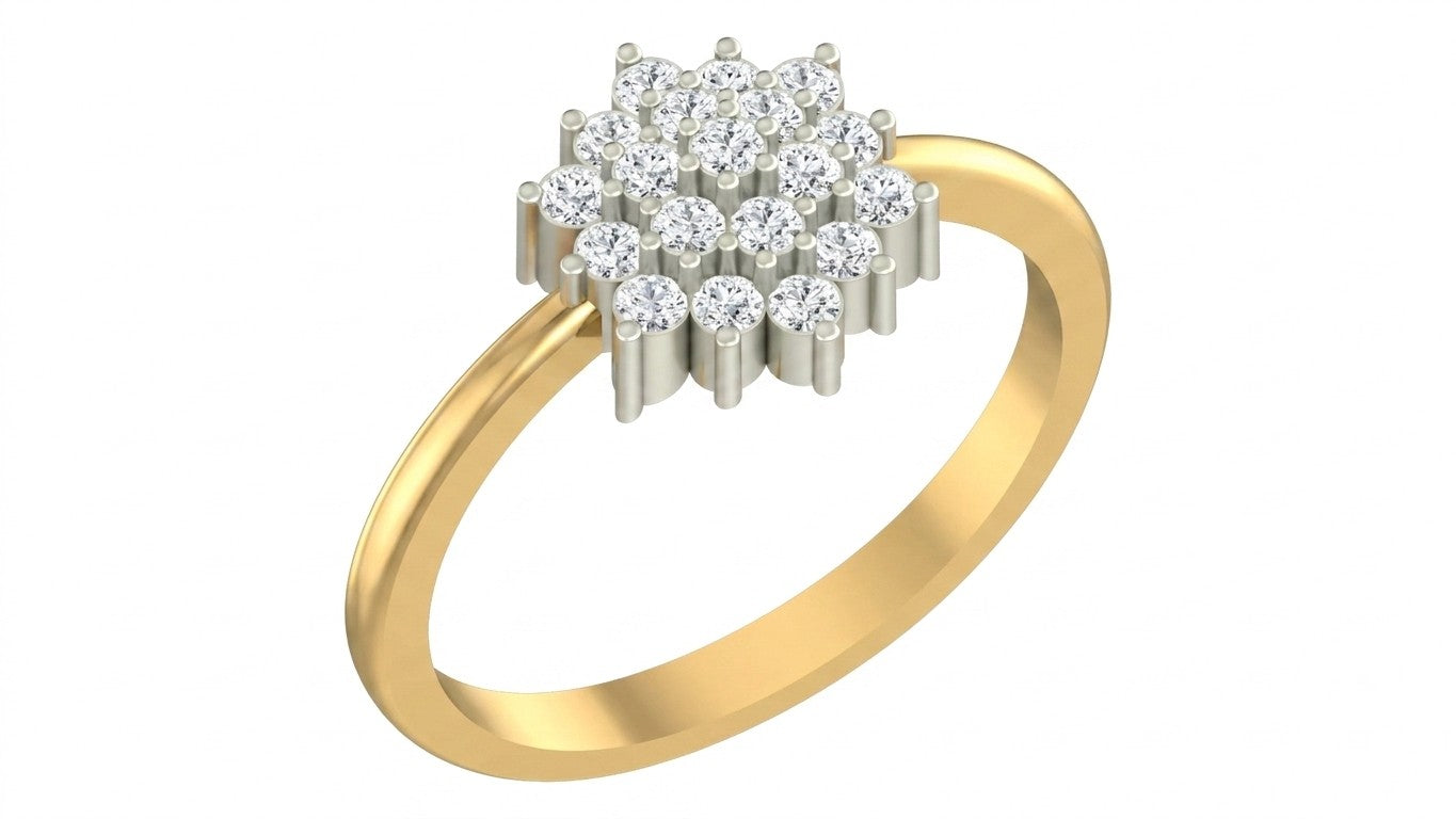A yellow gold ring with a cluster diamond setting, shown on a plain white background.