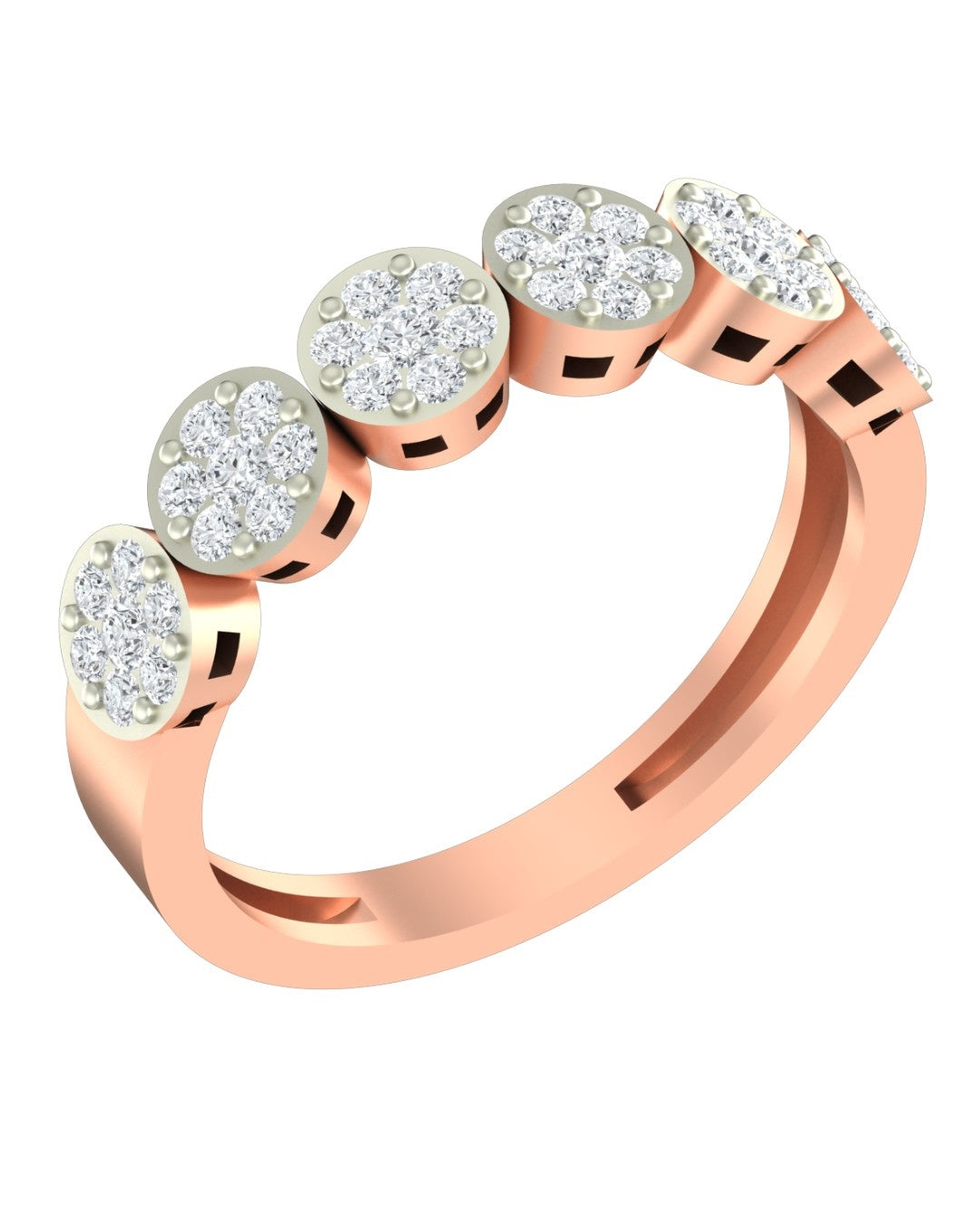 A rose gold eternity ring featuring round-cut diamond clusters set in a row, shown on a clean white background.