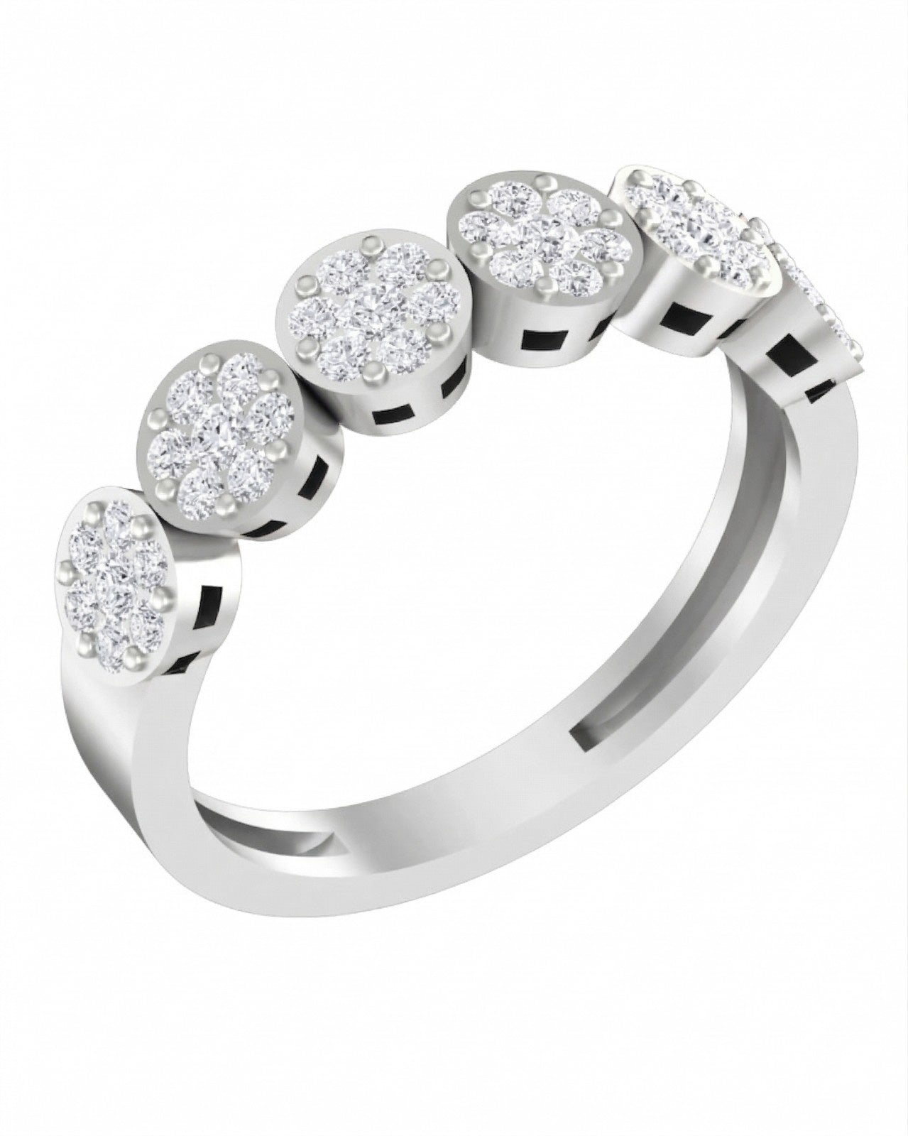 A white gold eternity ring featuring round-cut diamond clusters set in a row, shown on a clean white background.