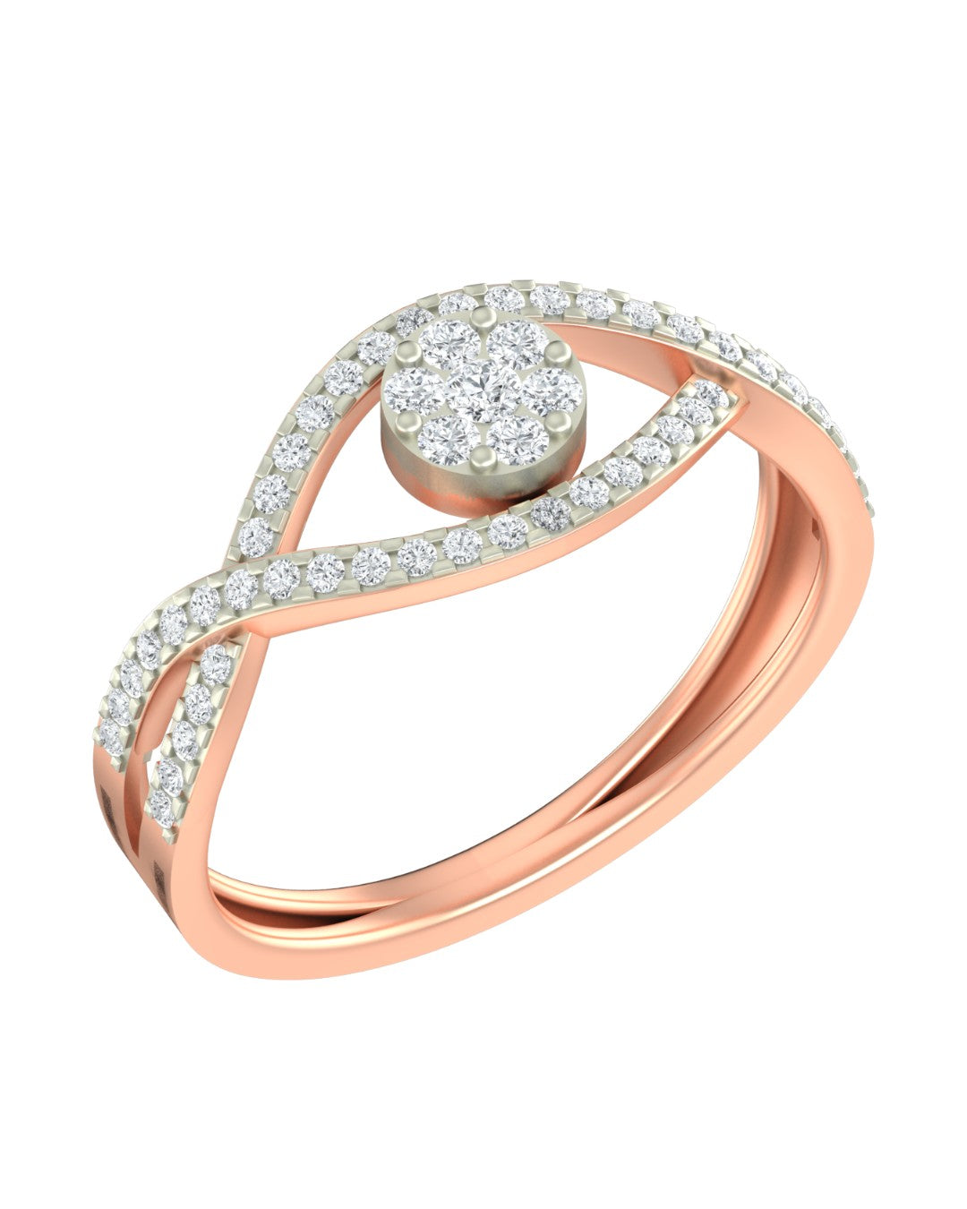 A rose gold and diamond ring with a round-cut clear center stone on a white background.