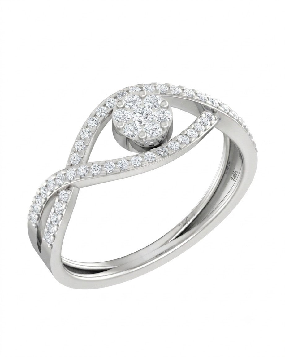 A white gold and diamond ring with a round-cut clear center stone on a white background.