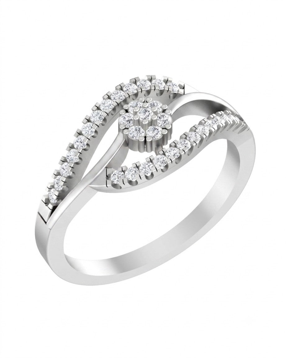 A white gold and diamond ring featuring a curved and a central floral cluster of diamonds, shown on a plain white background.
