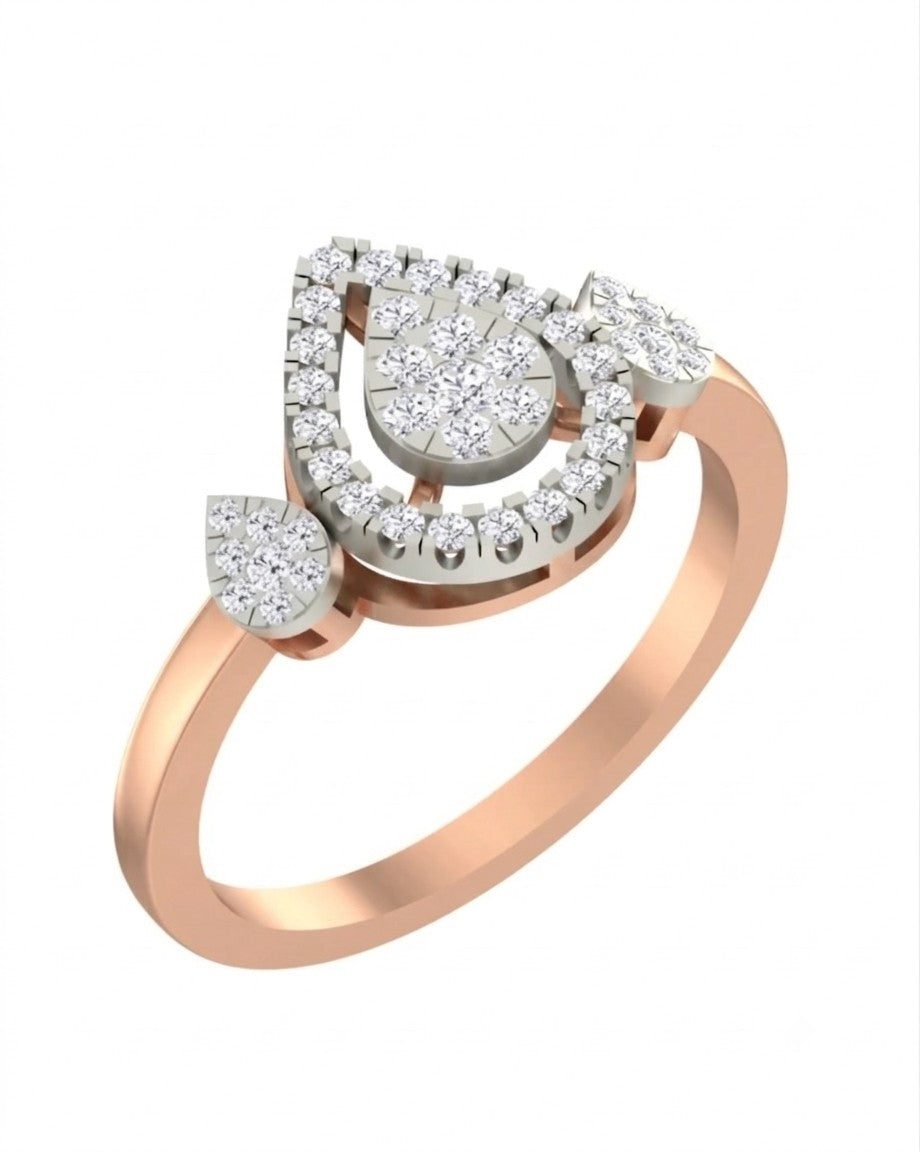 A rose gold ring featuring a teardrop-shaped cluster, shown on a plain white background.