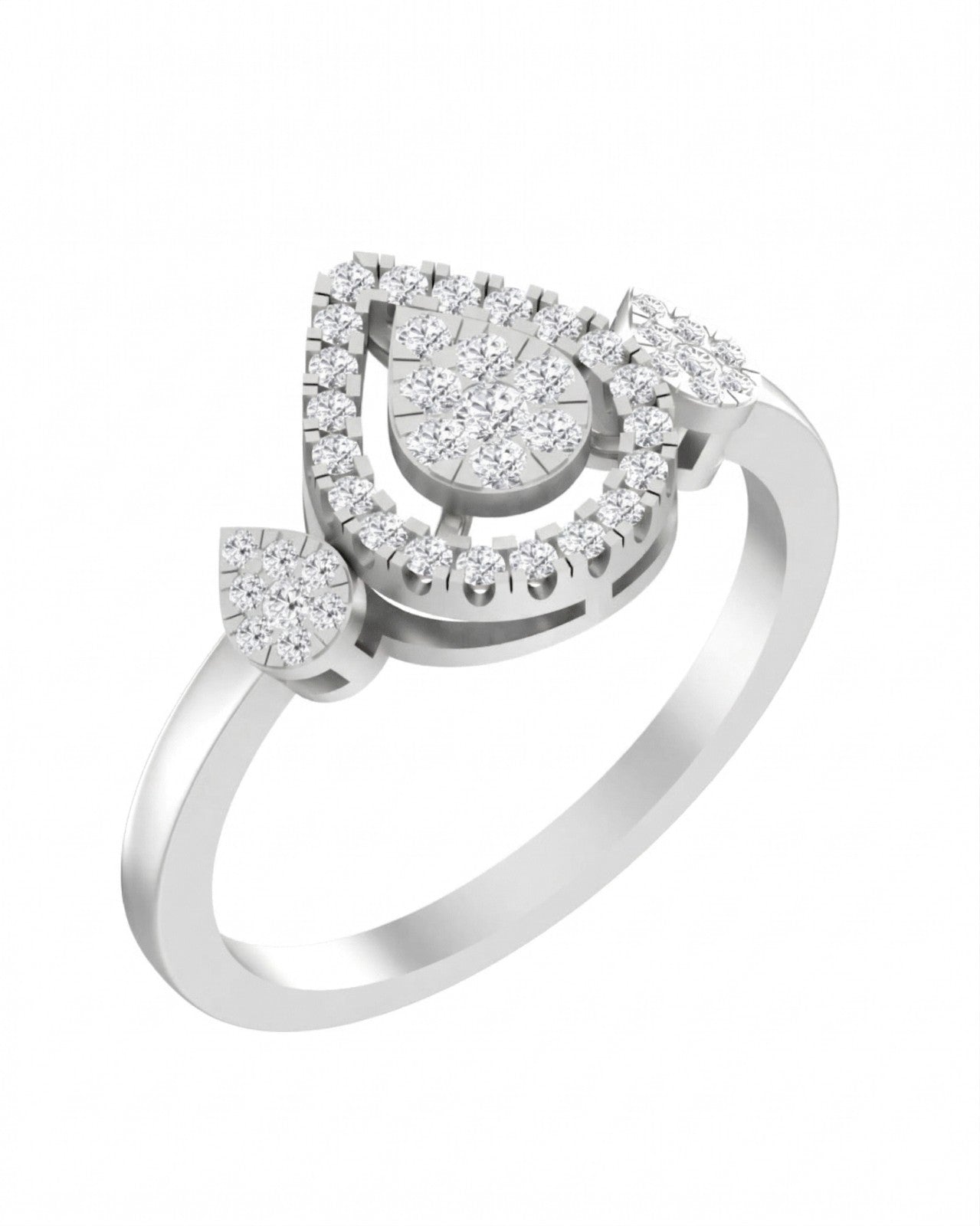 A white gold ring featuring a teardrop-shaped cluster, shown on a plain white background.