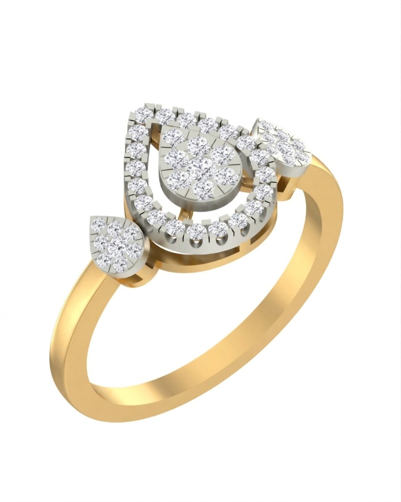 A yellow gold ring featuring a teardrop-shaped cluster, shown on a plain white background.