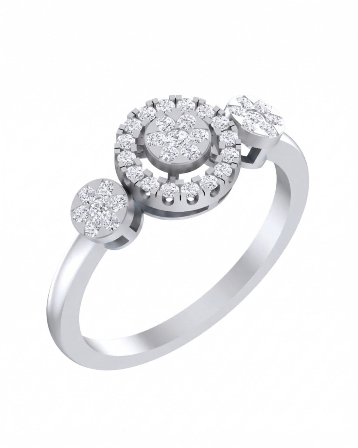 White gold and diamond with halo cluster design on a white background