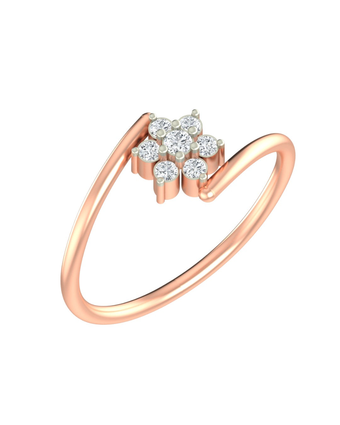 Rose gold ring with diamond floral design on a white background.