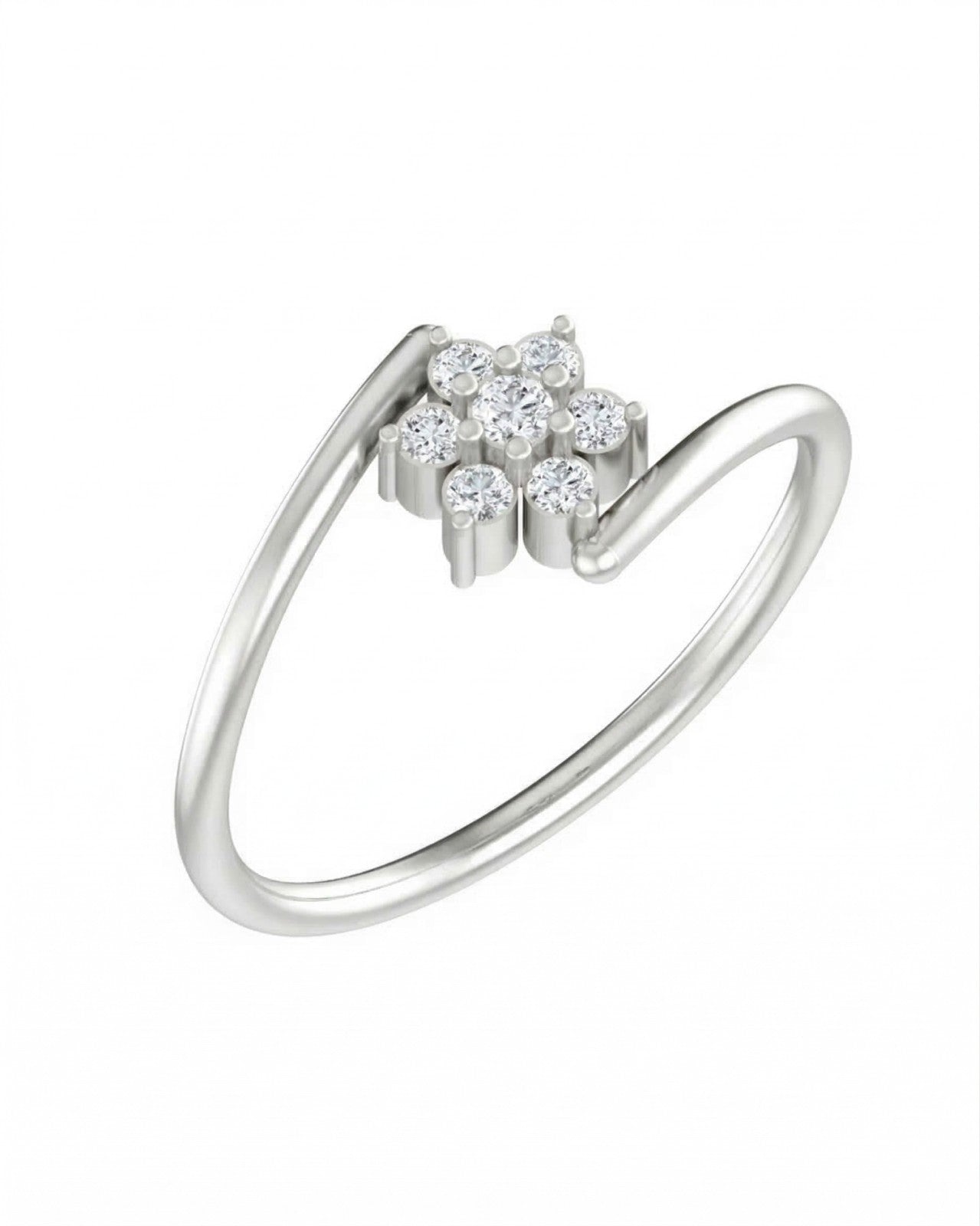 White gold ring with diamond floral design on a white background.