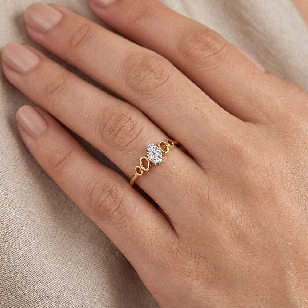 Gold and diamond with cluster setting on a hand.