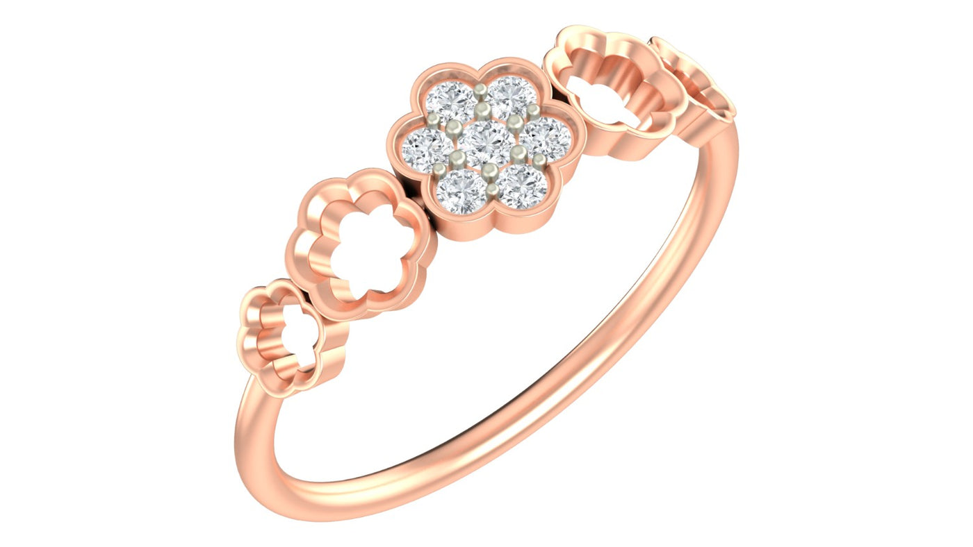 Rose gold ring with floral design diamonds on a white background