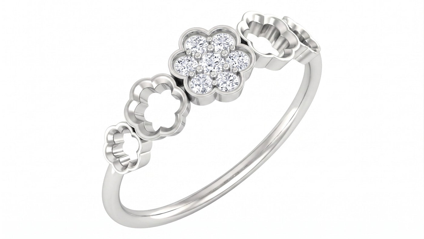 White gold ring with floral design diamonds on a white background