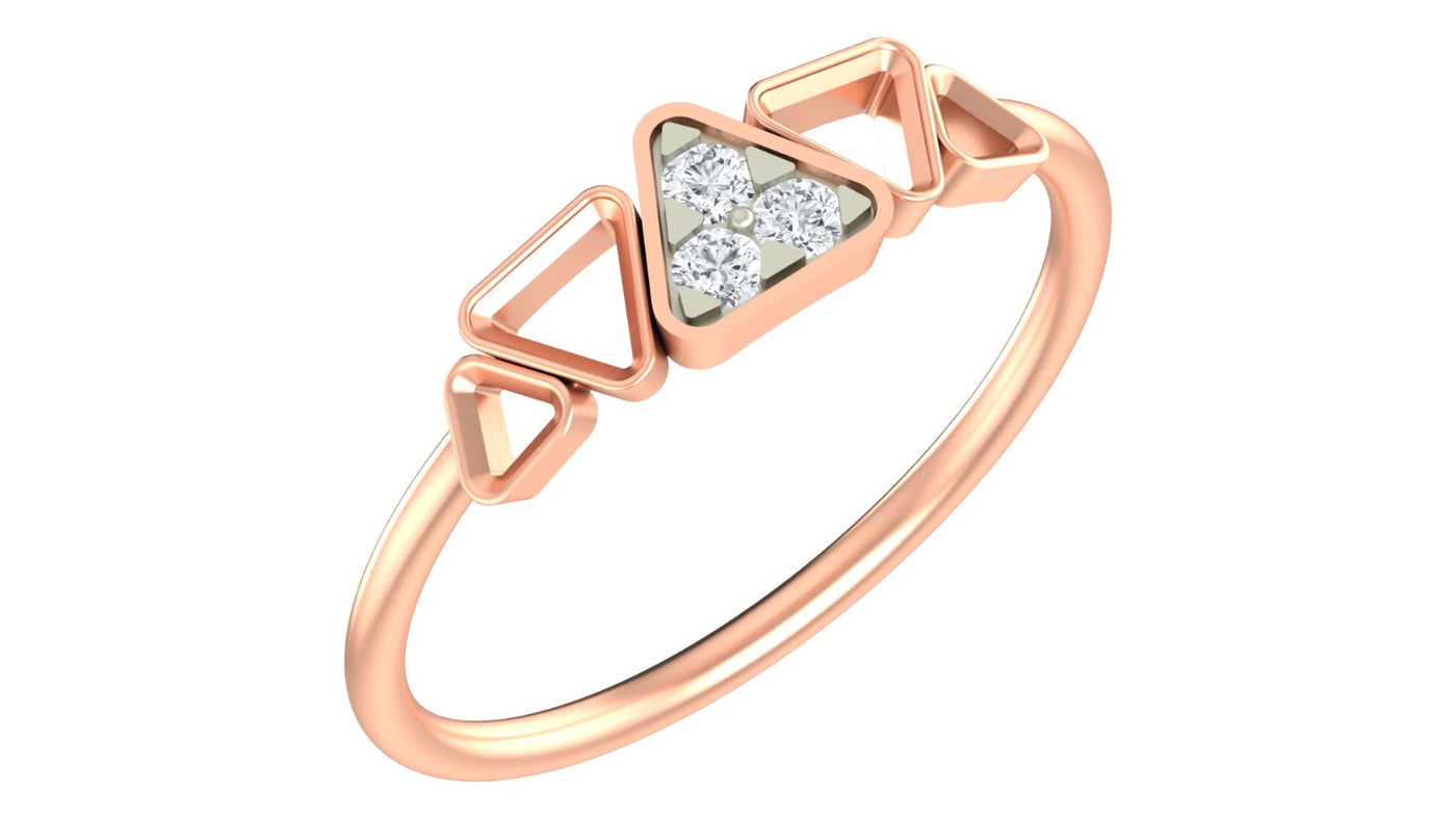 Rose ring with triangular designs and embedded diamonds on a white background