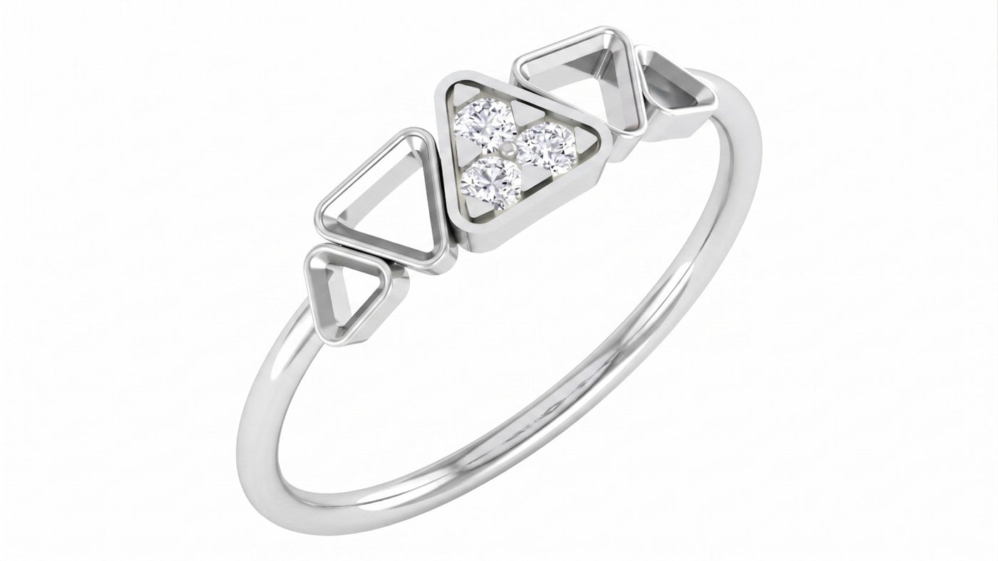 White ring with triangular designs and embedded diamonds on a white background
