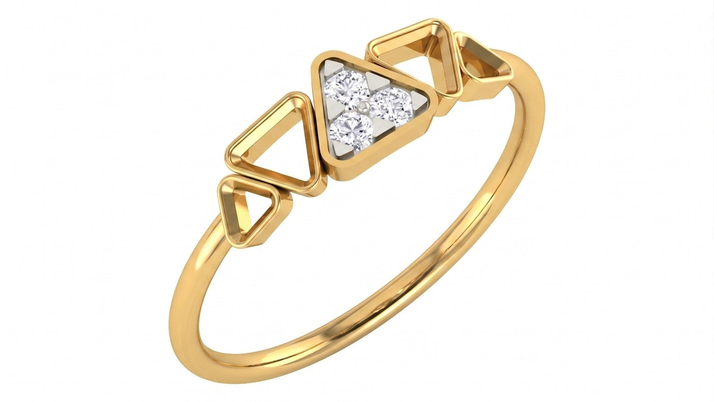 Yellow ring with triangular designs and embedded diamonds on a white background