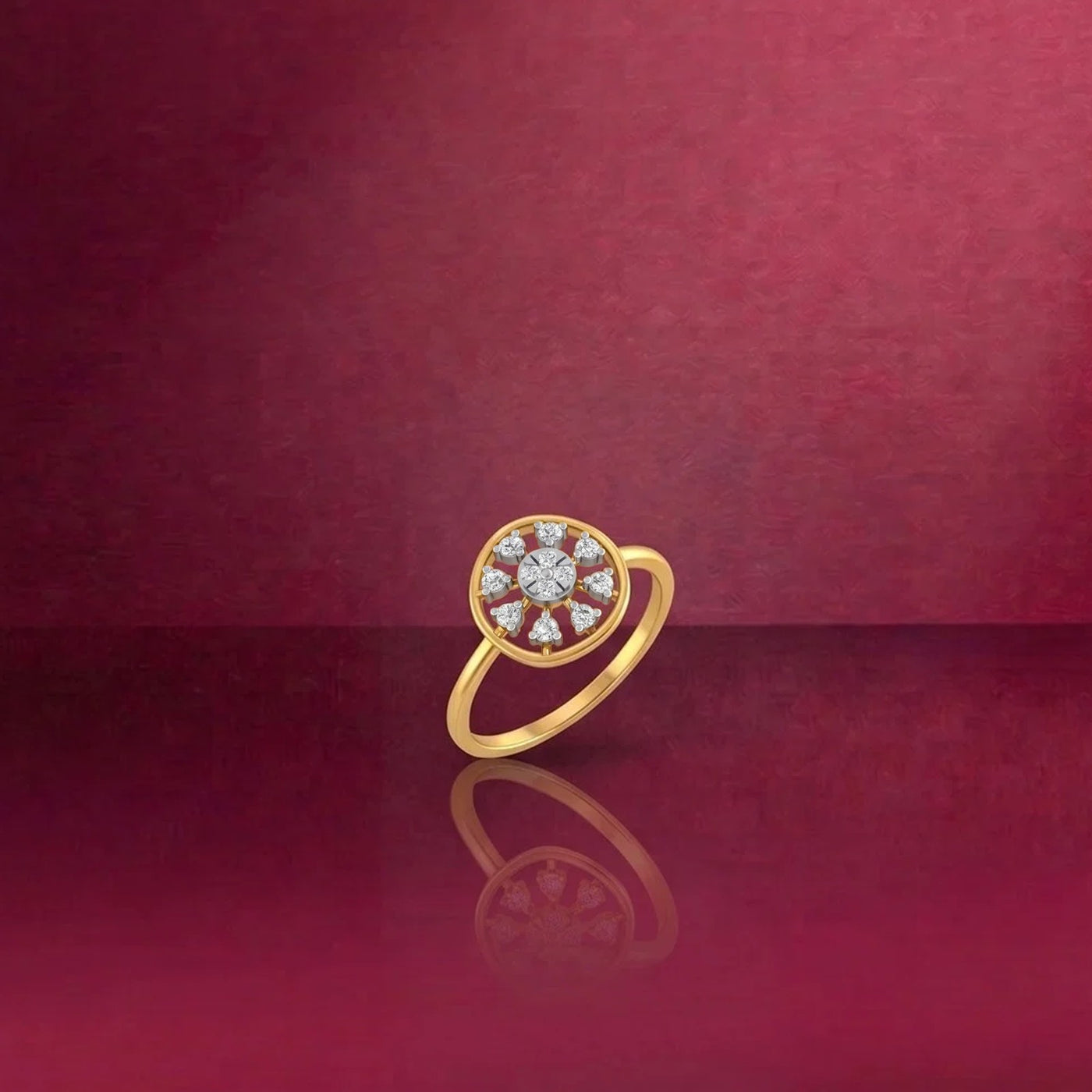Gold and diamond with floral design on a red background.