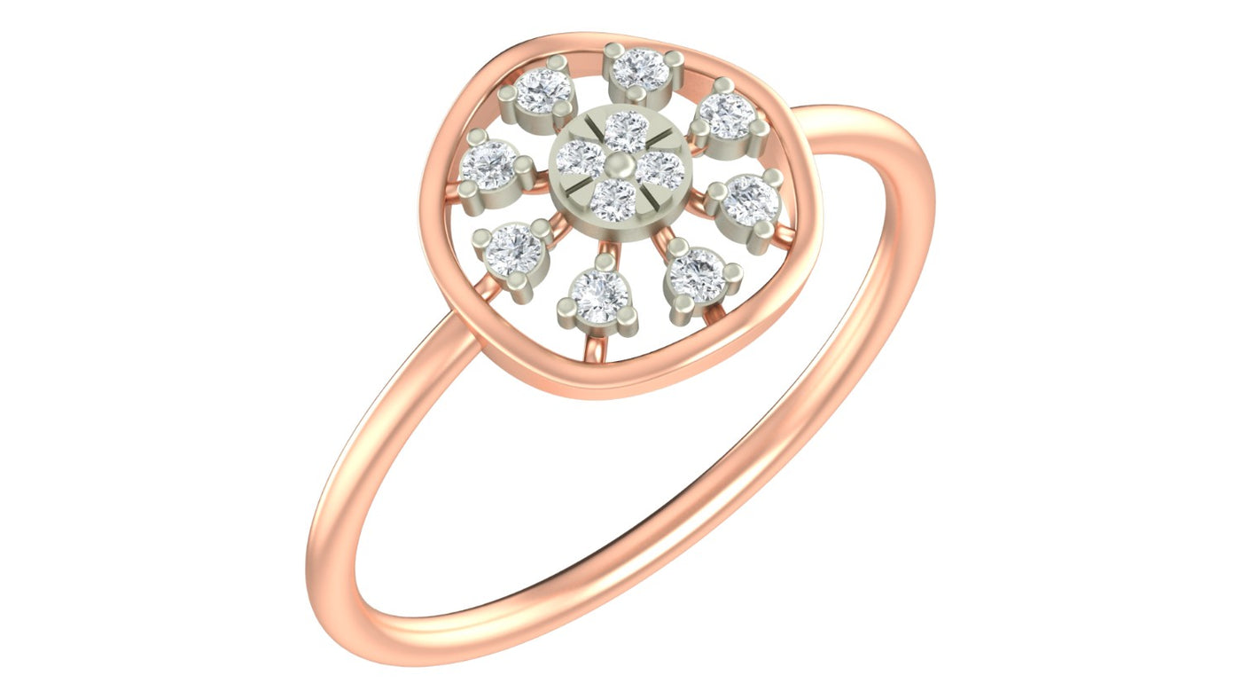 Rose gold and diamond with sunbrust on a white background.