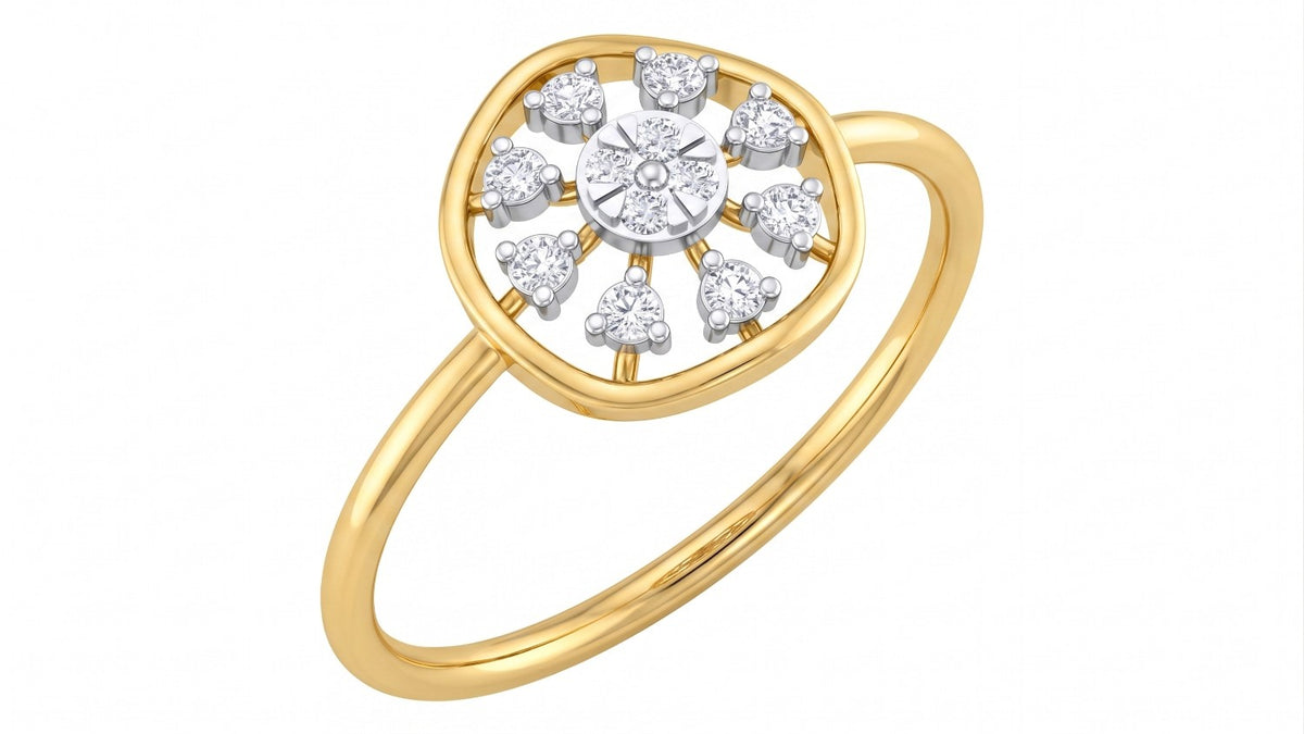 Yellow gold and diamond with sunbrust on a white background.