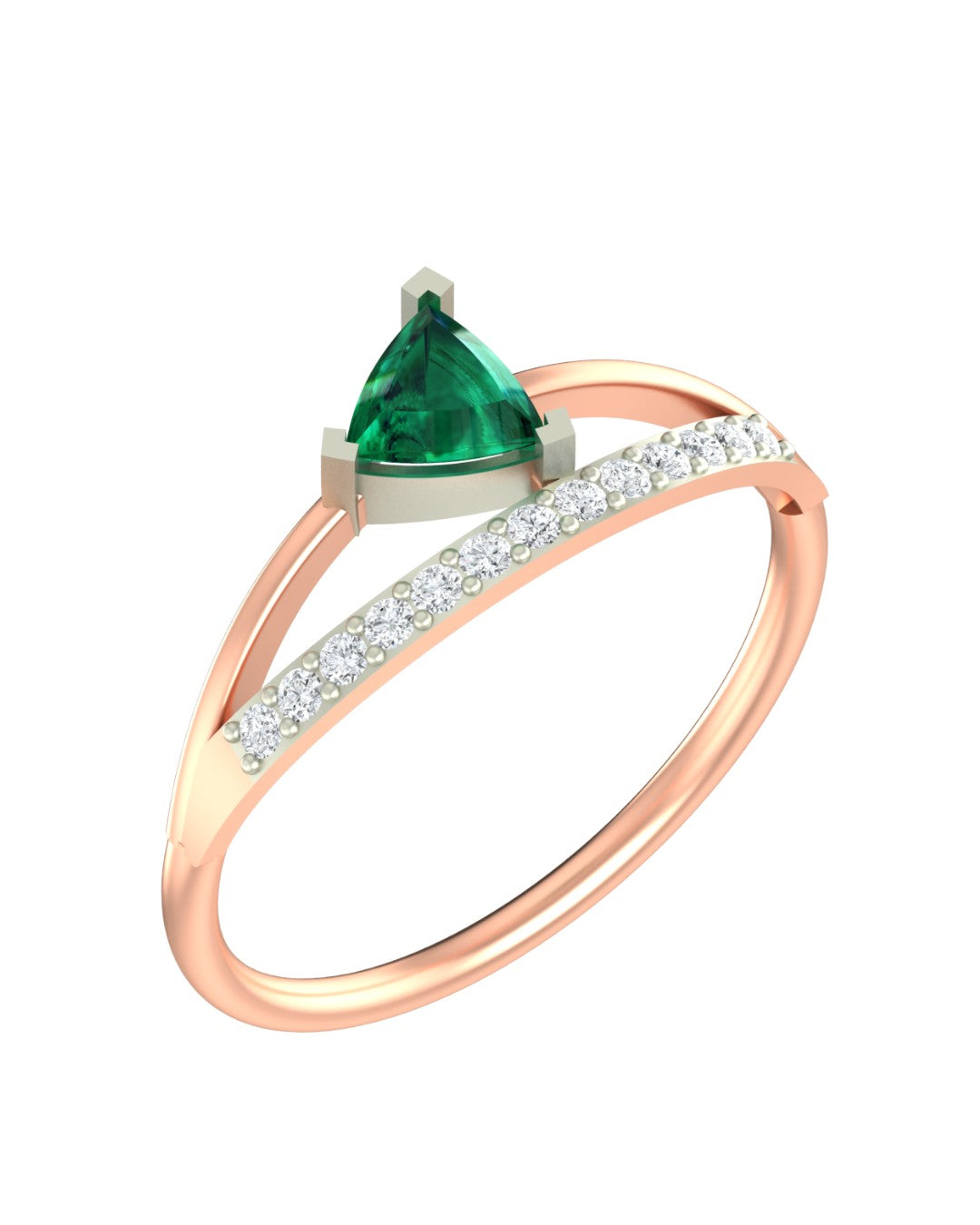 Rose gold and diamond with emerald gemstone on a white background.