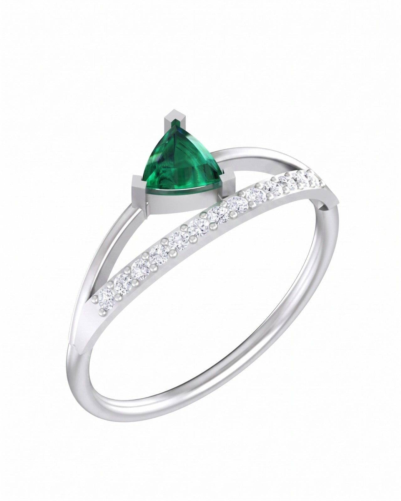 White gold and diamond with emerald gemstone on a white background.
