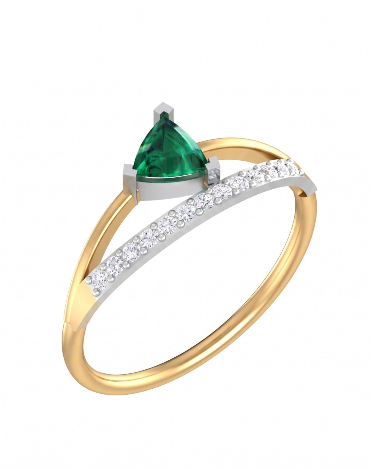 Yellow gold and diamond with emerald gemstone on a white background.