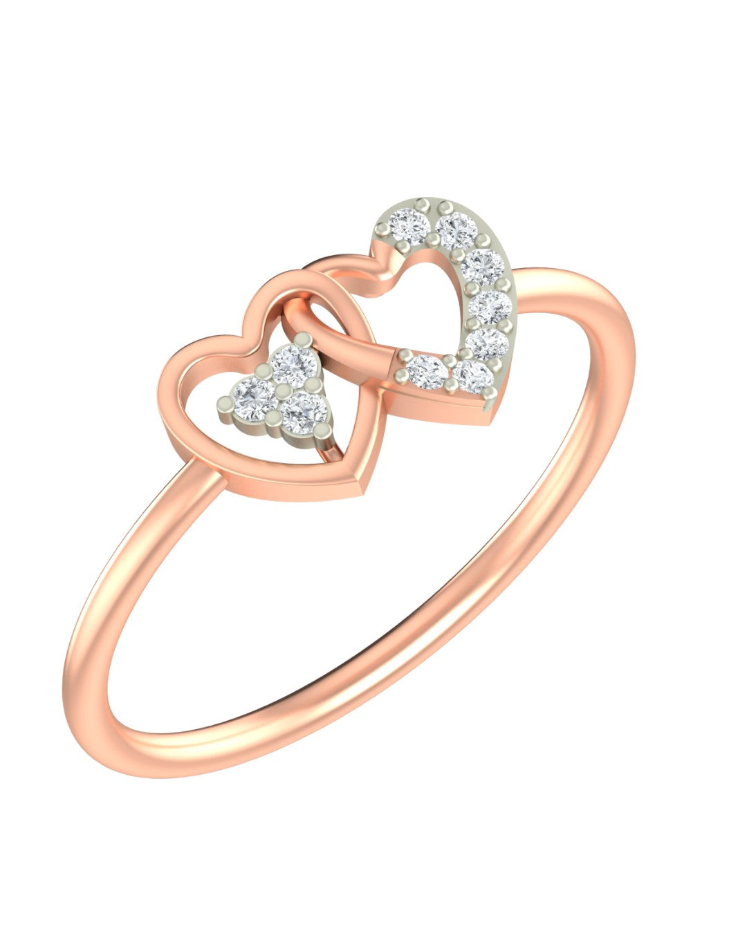 Rose gold and diamond with heart-shaped and cluster setting on a white background.