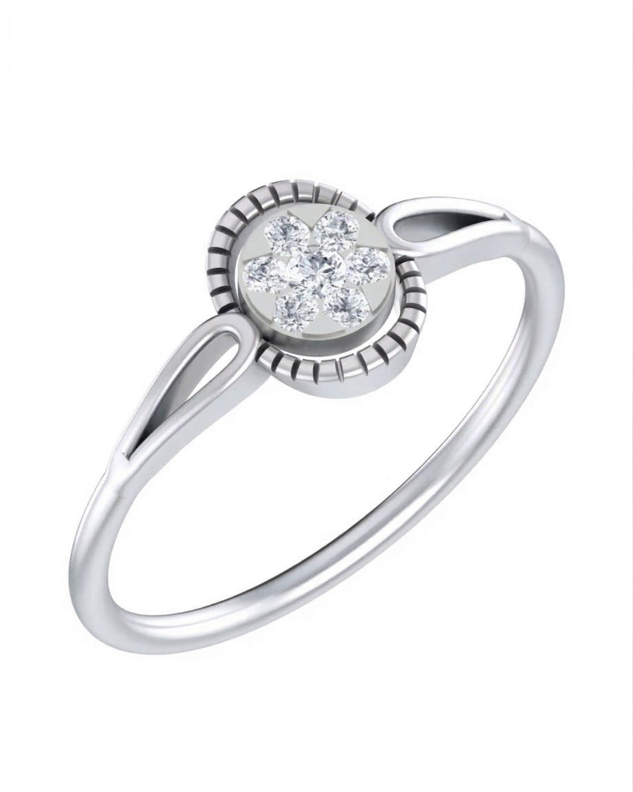 White gold and diamond with cluster setting on a white background.