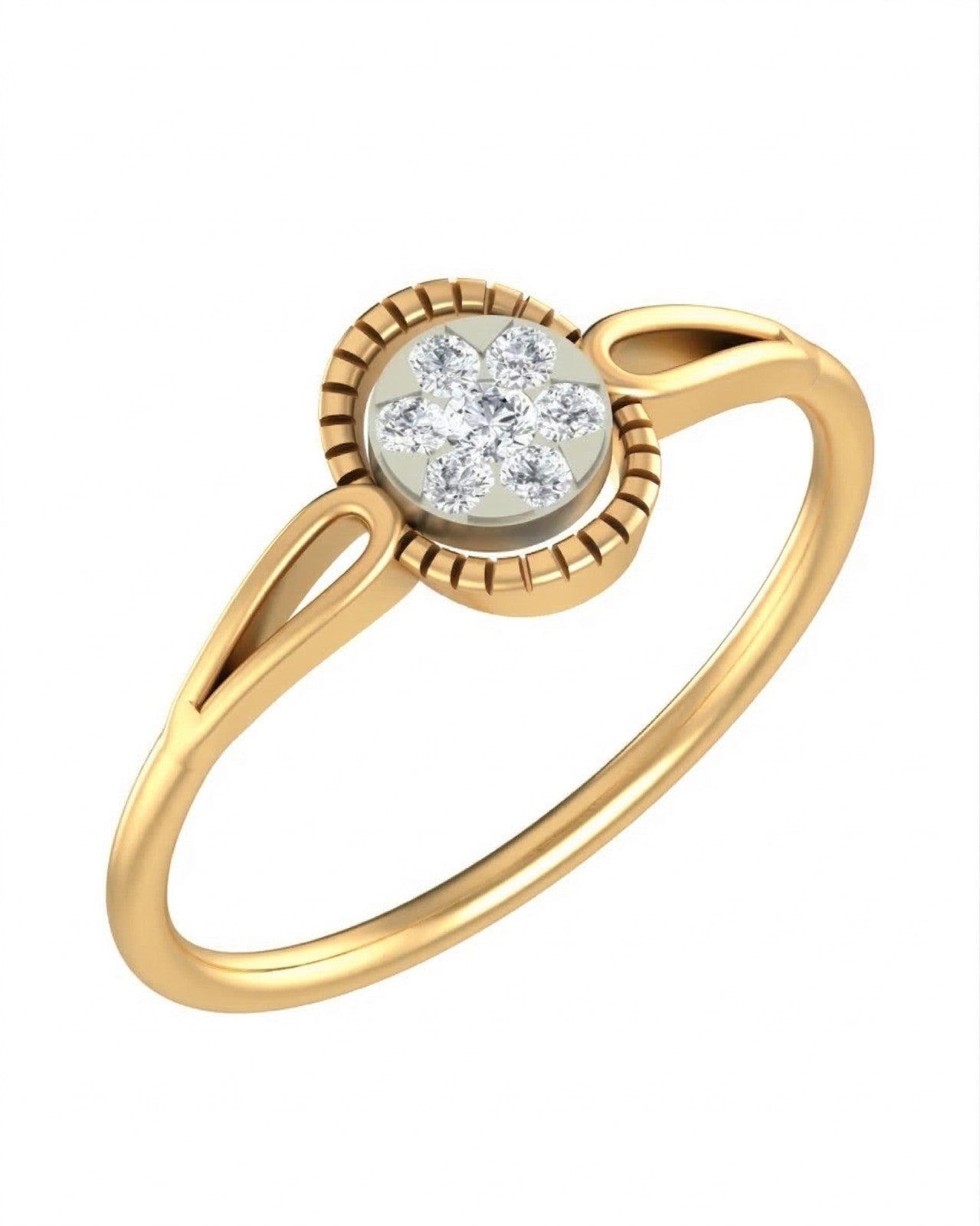Yellow gold and diamond with cluster setting on a white background.