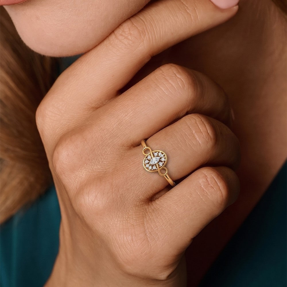 Women hand wearing a gold and diamond with cluster setting ring.