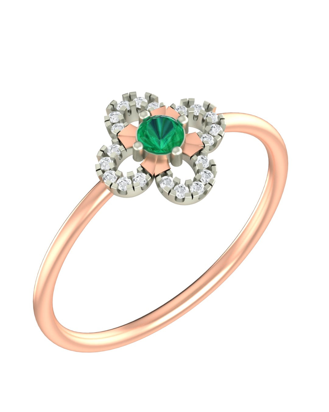 Rose gold and diamond with floral-design and center emerald gemstone setting on a white background.