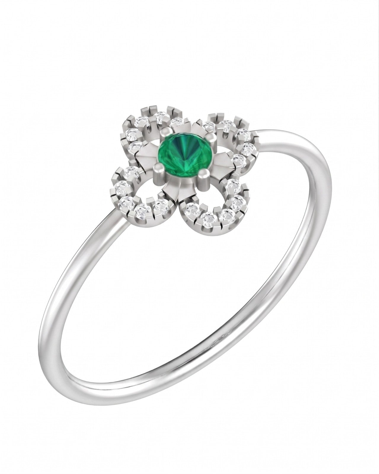 White gold and diamond with floral-design and center emerald gemstone setting on a white background.