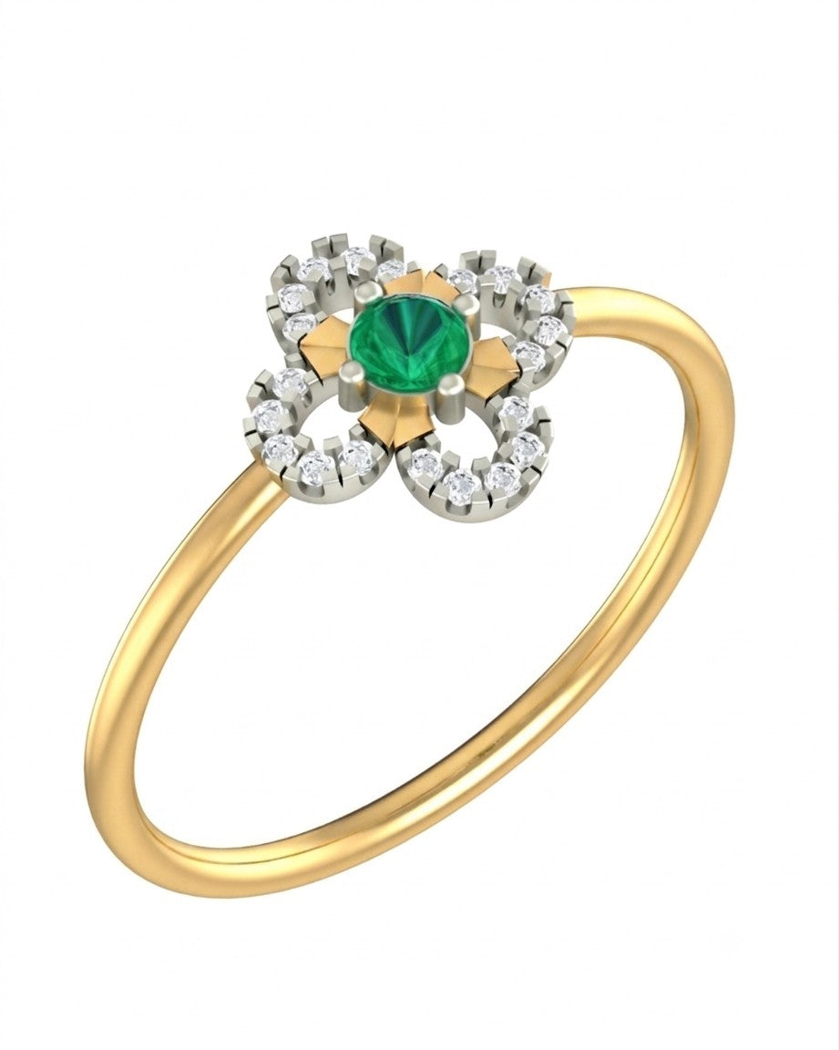 Yellow gold and diamond with floral-design and center emerald gemstone setting on a white background.