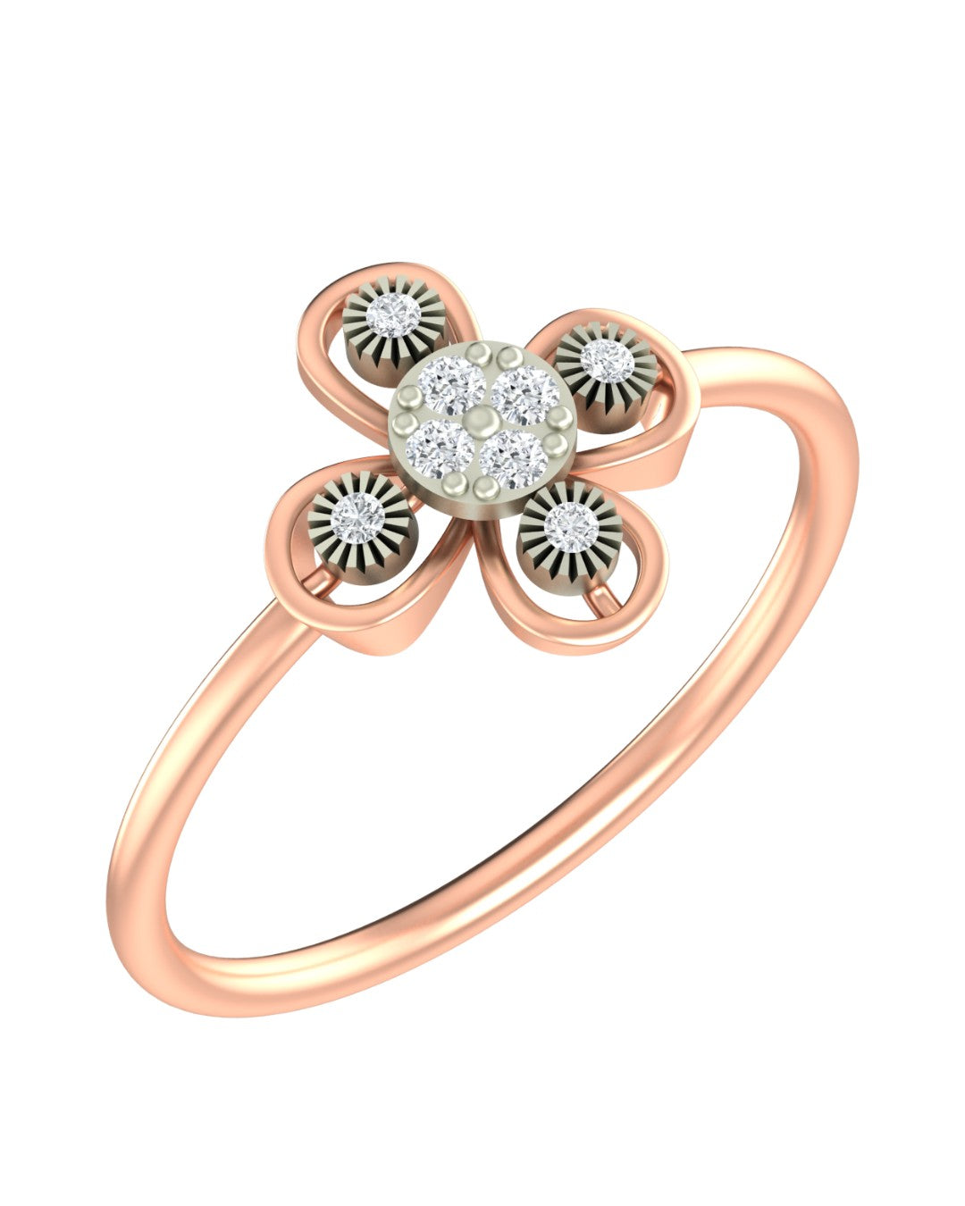 Rose gold and diamond with floral-design setting on a white background.