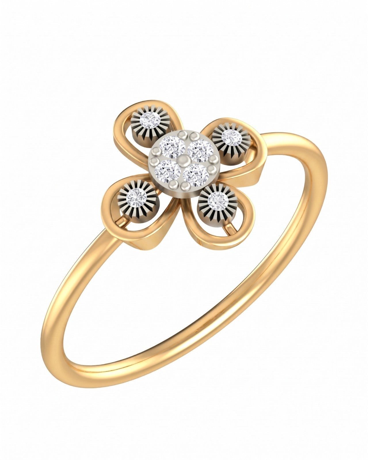 Yellow gold and diamond with floral-design setting on a white background.