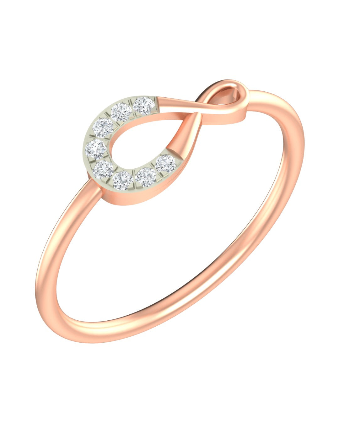 Rose gold and diamond women's ring on a white background.