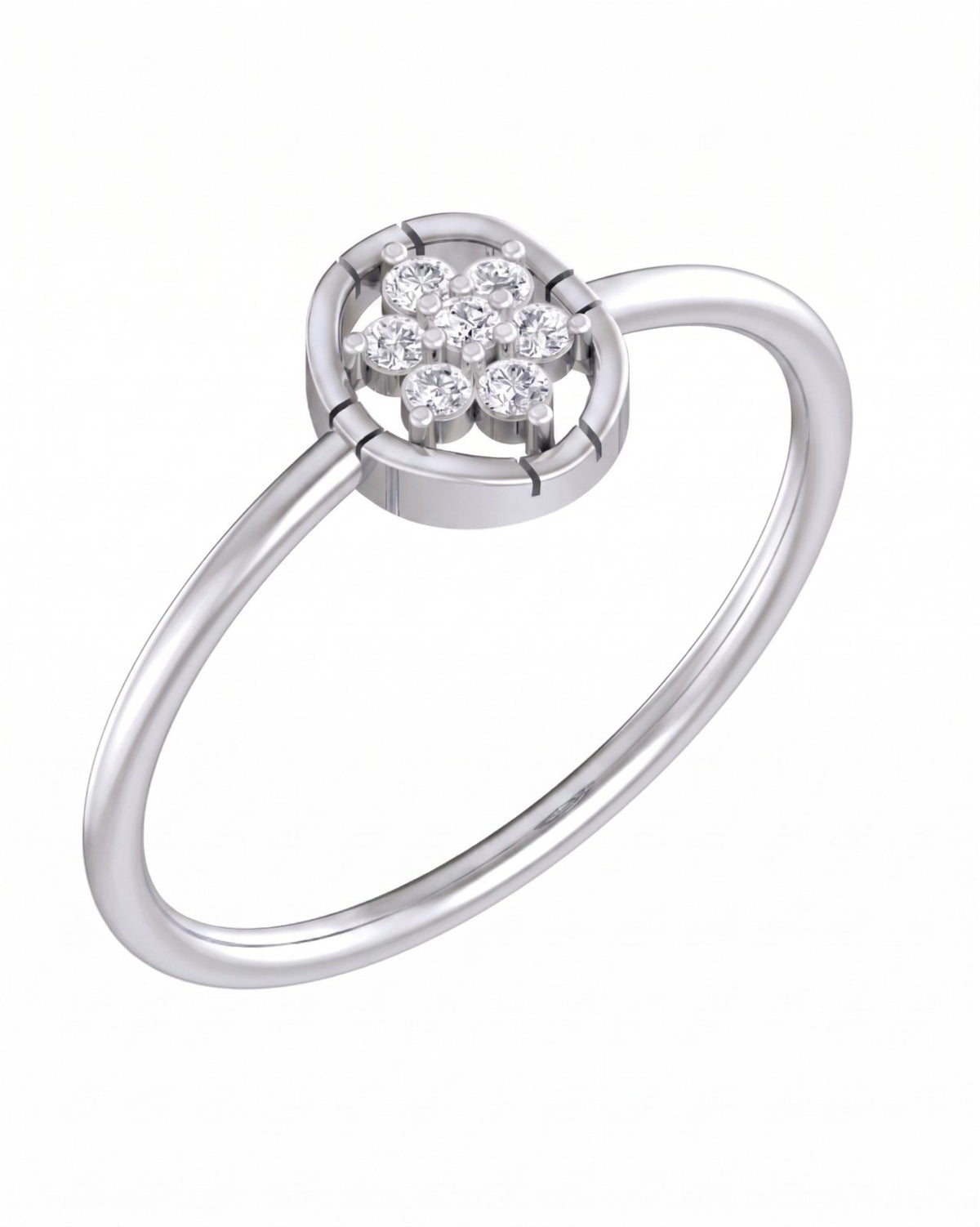 White gold and diamond with floral-design cluster setting on a white background.